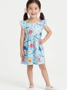 Toddler Girl light blue Baby Shark Cartoon Print Ruffles Sleeves Dress 2T